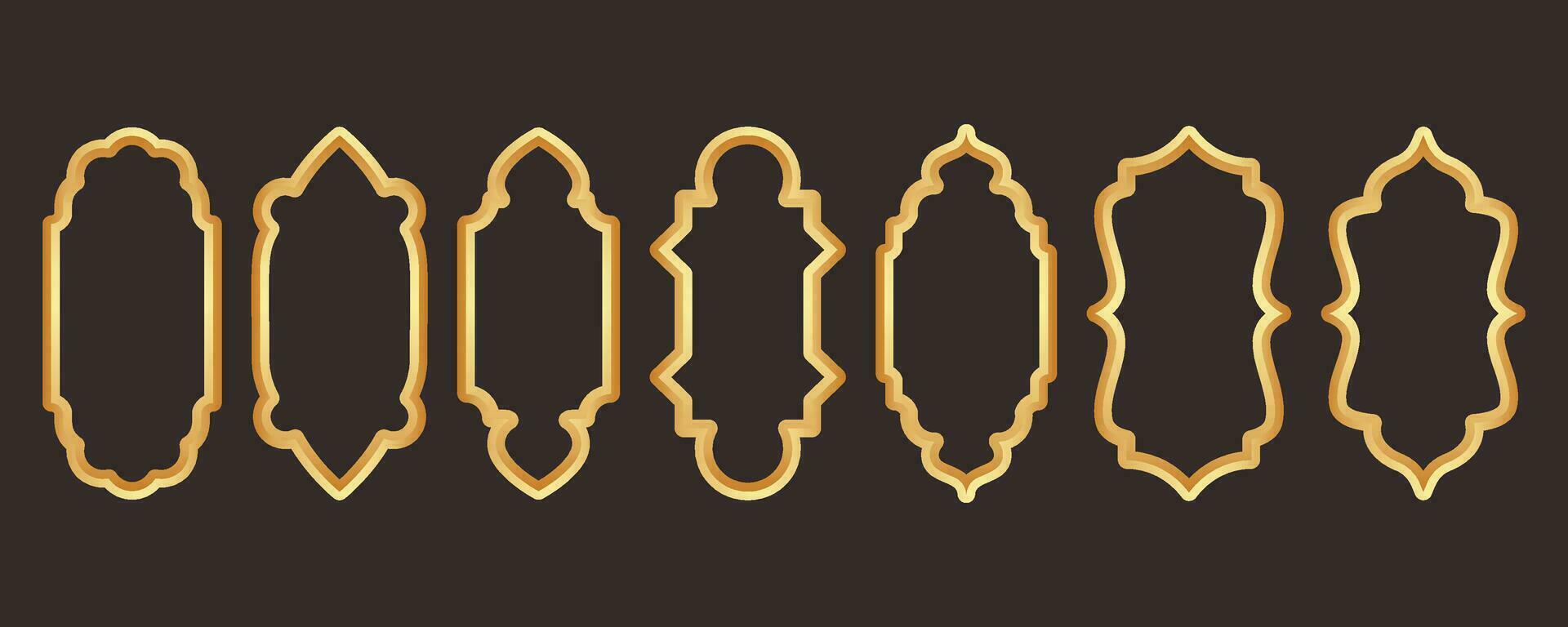 Ramadan golden frame. Islamic window shape. Arabic vector arch. Muslim vintage border for design. Indian decoration in oriental style.