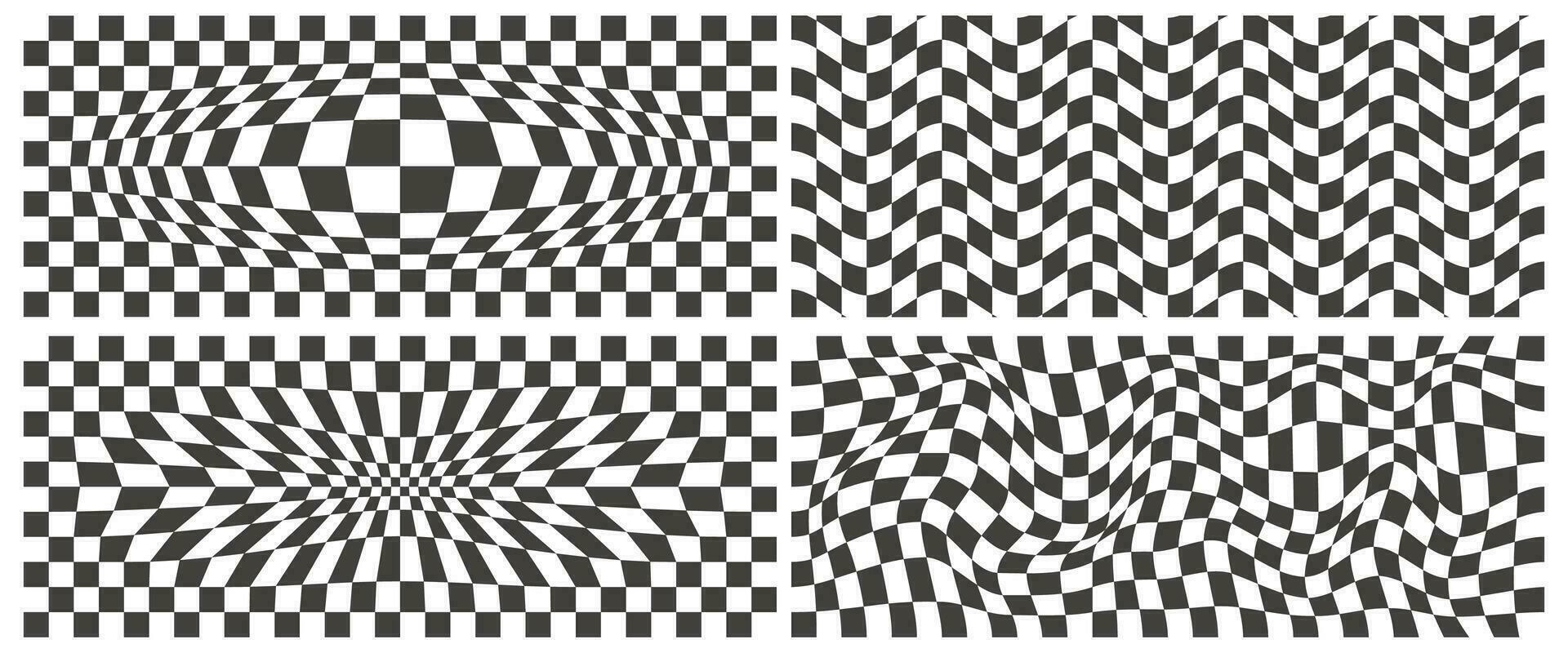 Checkerboard wavy pattern. Abstract chess square print. Black and white psychedelic optical illusion. Warped flag with geometric graphic. Y2k design for banner vector