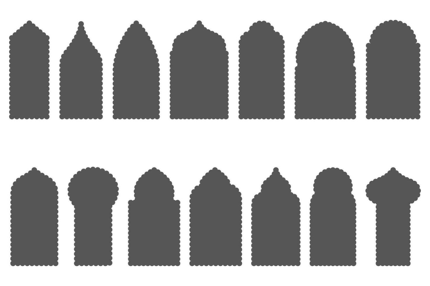 Scallop edge window frame. Lace border shapes set. Simple frill silhoette. Arabic arches collection. Vector