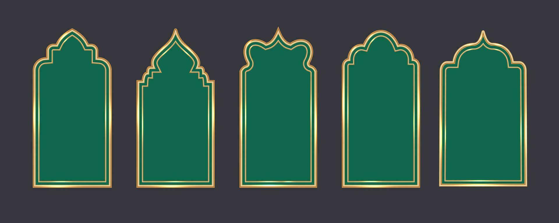 Ramadan window frame shapes. Islamic golden arches. Muslim mosque elements of architecture with ornament. Turkish gates and doors set. Vector