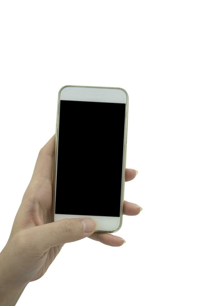 Hand holding smart phone isolated over white background - mockup photo