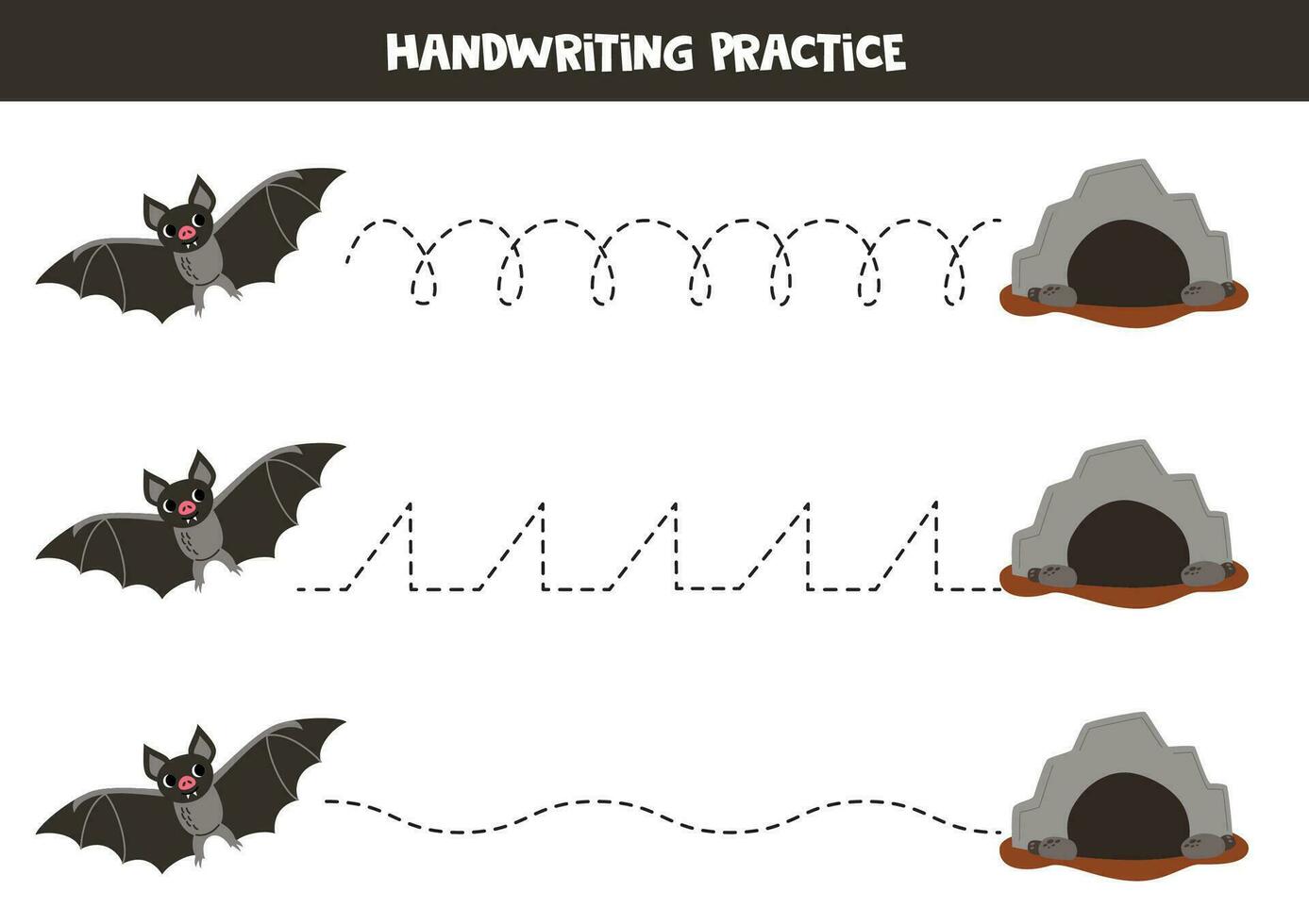 Tracing lines for kids. Cute cartoon vampire bat and stone cave. Handwriting practice. vector