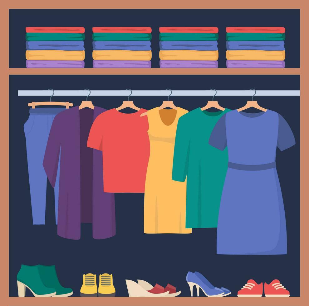 Wardrobe. Inner space closet, shelves and hangers with female clothes, shoes and accessories, organization and storage clothing. Vector illustration.