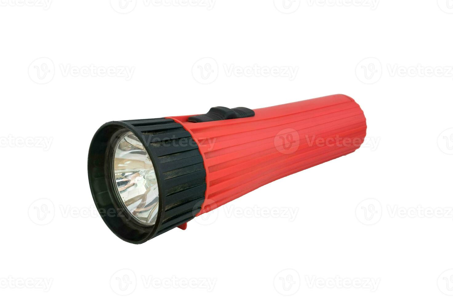 Red flashlight off laying on white background photo