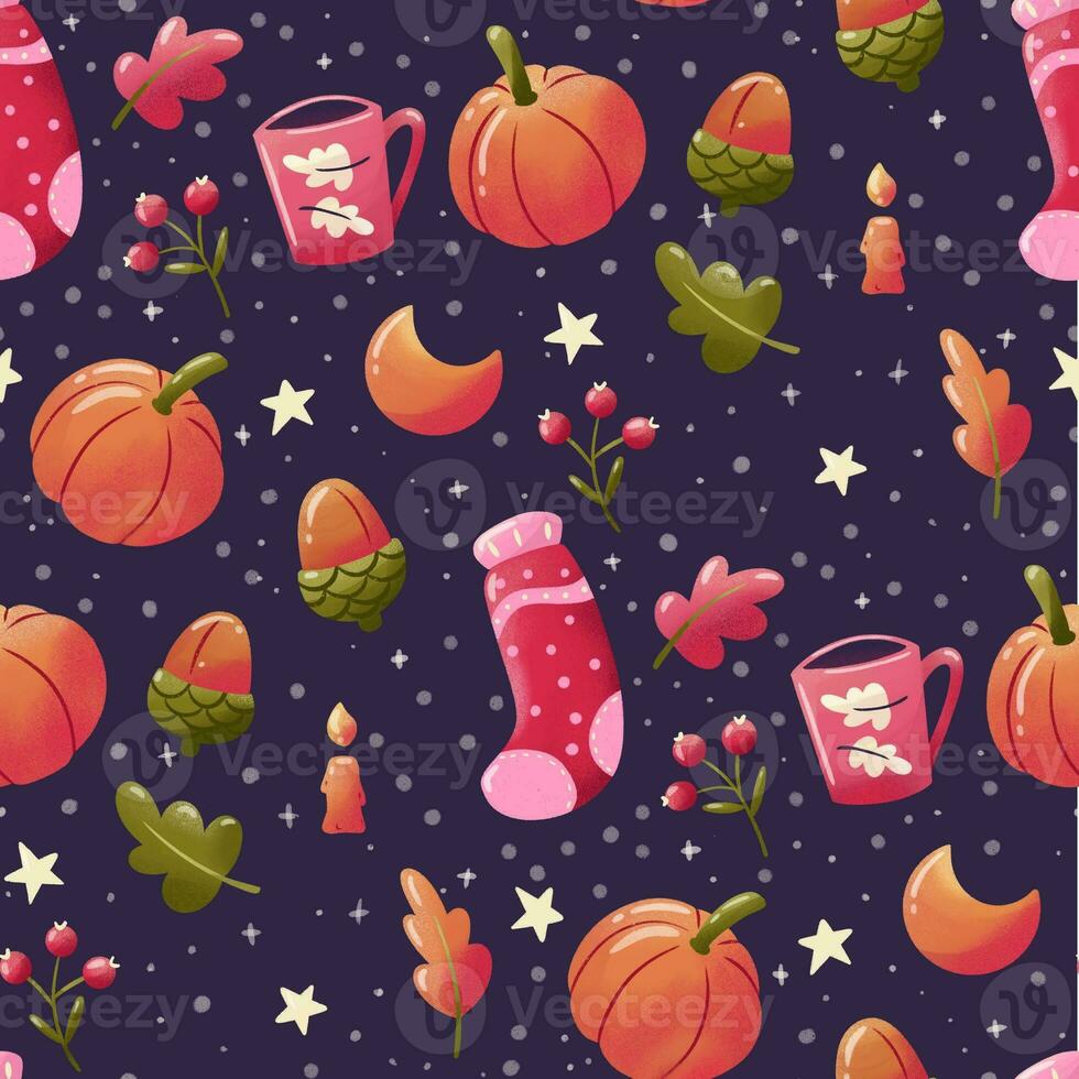 Winter holiday seamless pattern illustration with cute pumpkins, socks, leaves and moon. Purple background. photo