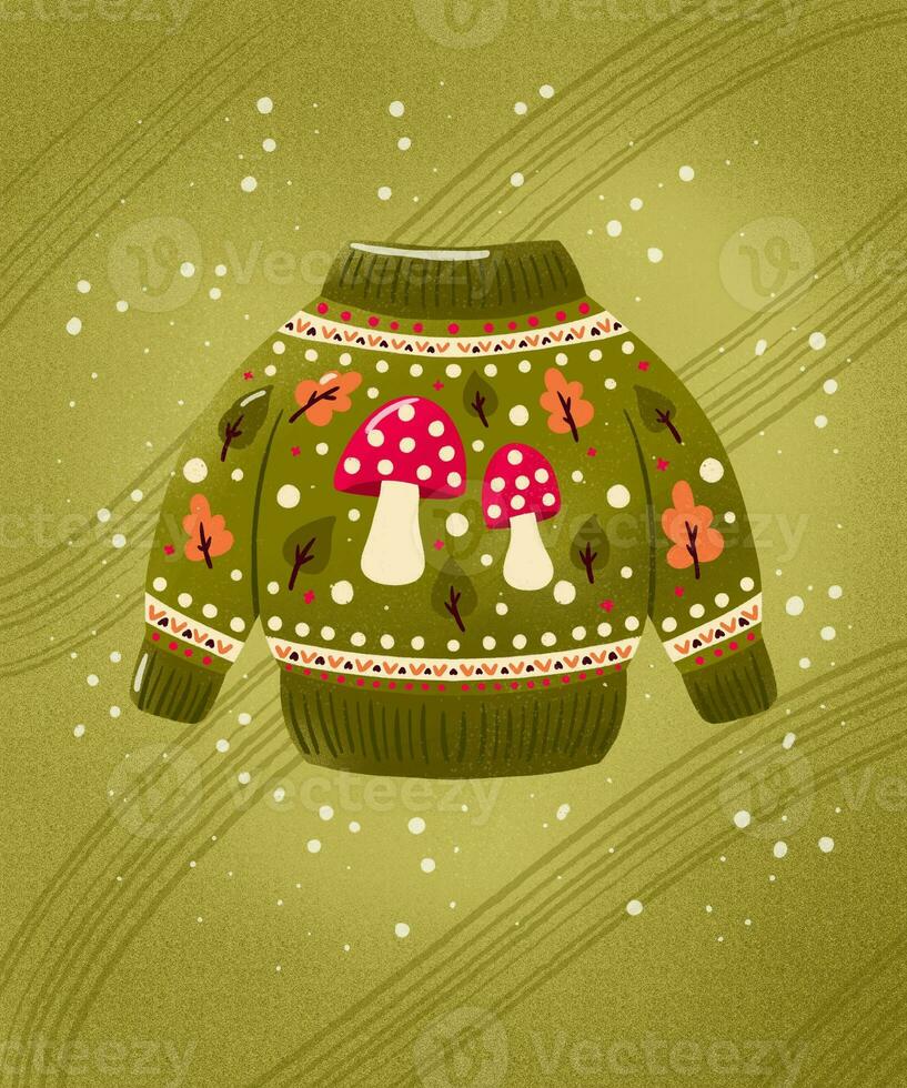 Christmas holiday sweater with cute mushrooms and leaves. Colorful winter festive illustration. photo