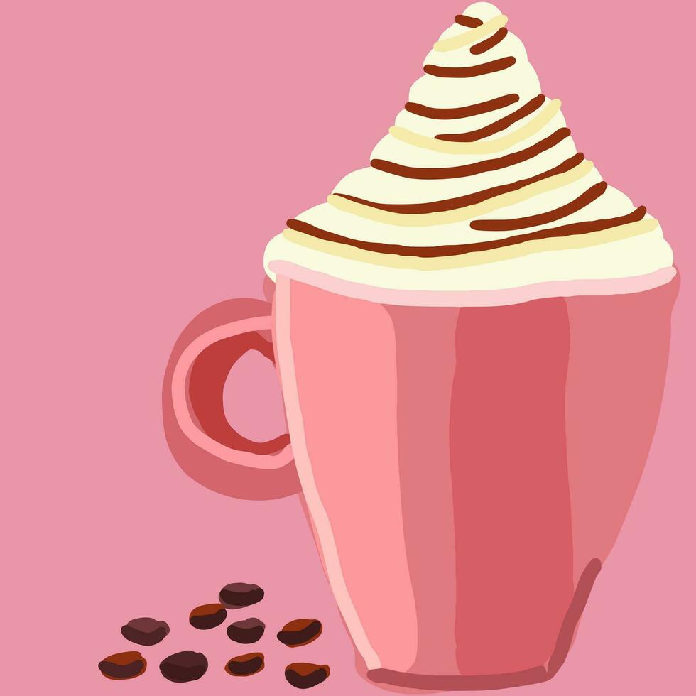 hot drink with whipped cream in pink tone, line art doodle vector