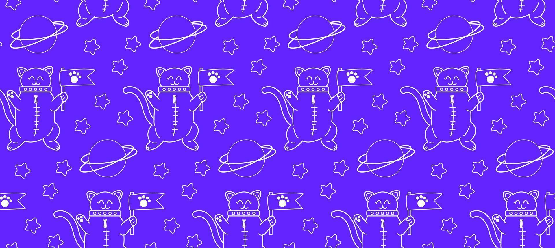 sin costura modelo en garabatear estilo. vector antecedentes con un gato en espacio. personaje de un linda gato en un astronauta traje en espacio, estrellas, planeta, galaxia.