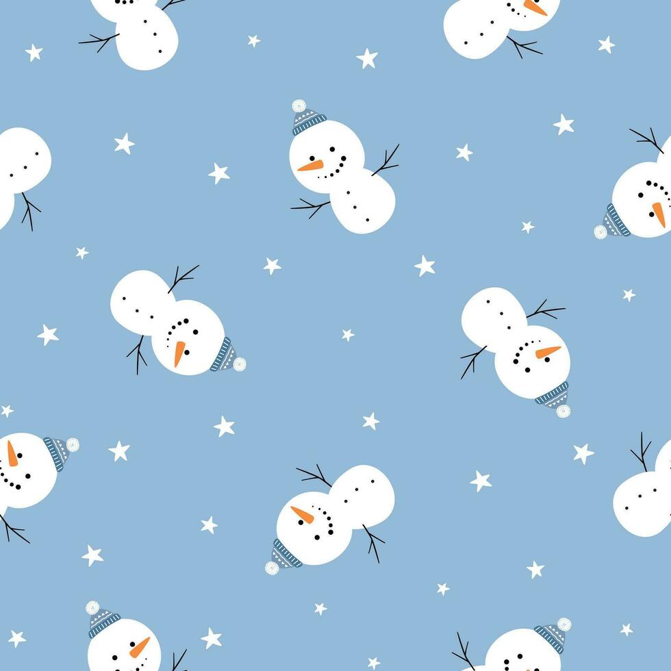 Christmas seamless pattern with smiling snowman with knitted hat vector