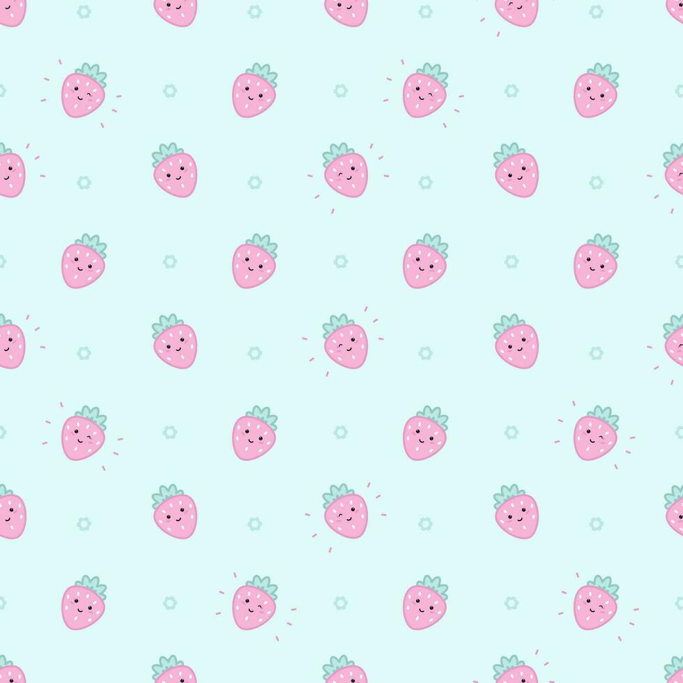 Seamless pattern of cute kawaii style strawberry and simple flowers vector