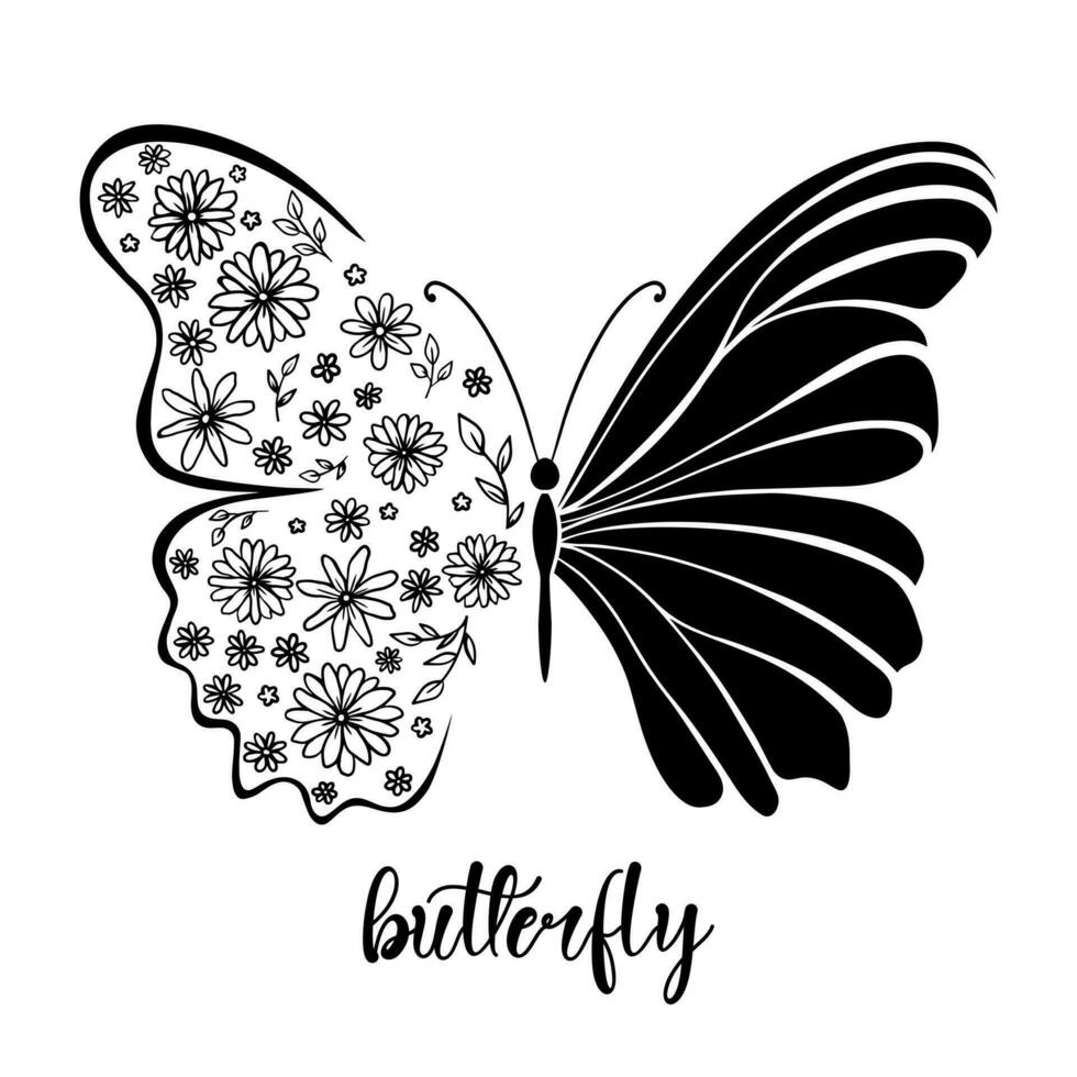 Butterfly with flowers. Vector illustration doodle black