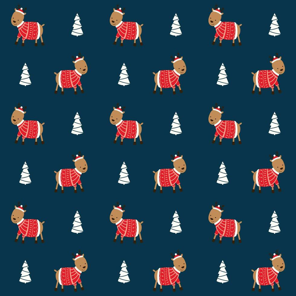 Seamless childish pattern with cute deer in sweater and Christmas tree. Creative kids city texture for fabric, wrapping, textile, wallpaper, apparel vector