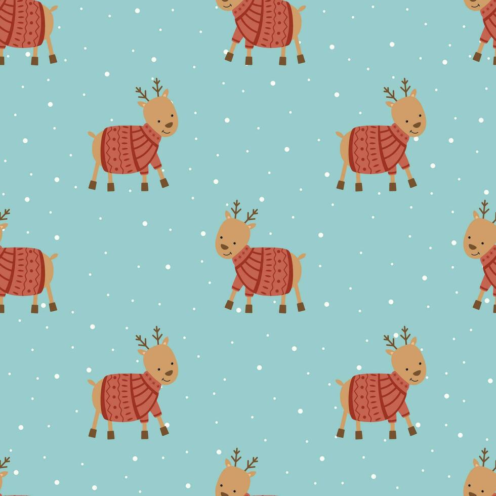 Seamless childish pattern with cute deer in sweater . Creative kids city texture for fabric, wrapping, textile, wallpaper, apparel vector