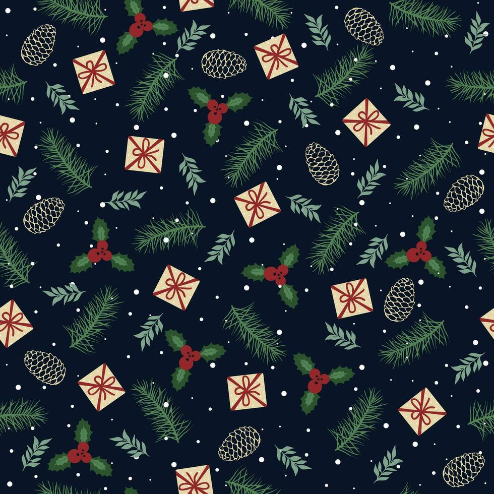 Merry Christmas, Happy New Year seamless pattern with gifts, fir cone, holly leaves and berries for greeting cards, wrapping papers. Seamless winter pattern. vector