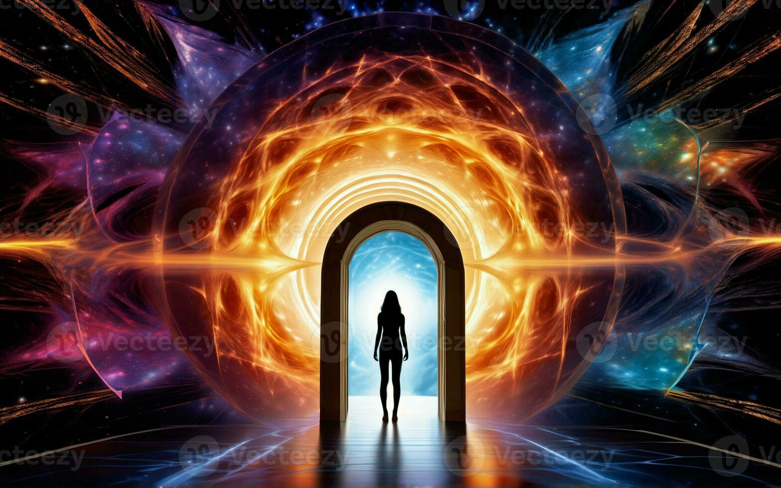 AI generated Portal to the quantum world, sci-fi illustration. Silhouette of a woman in an arch surrounded by streams of energy. photo