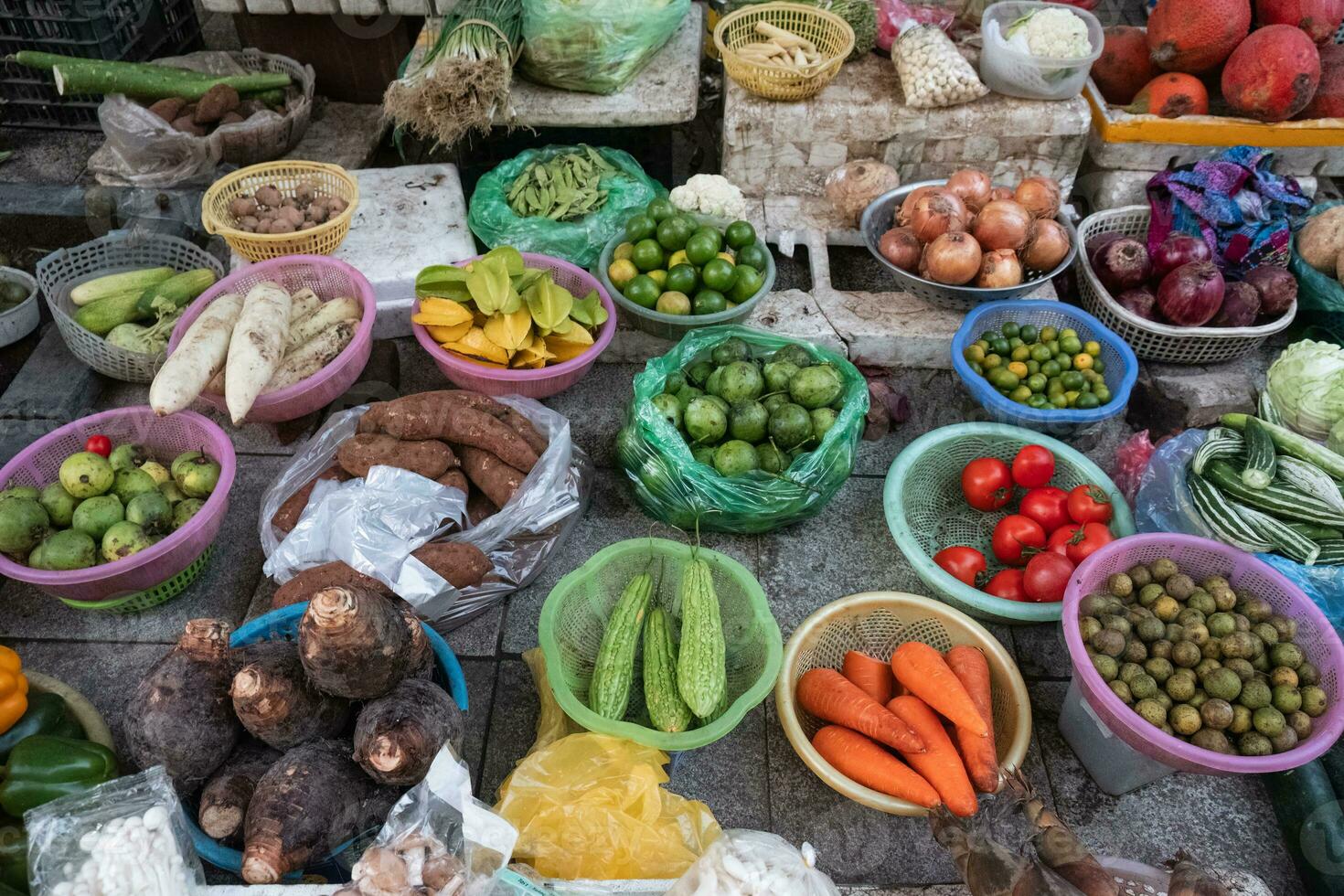 Organic vegetable selling on local market stall photo
