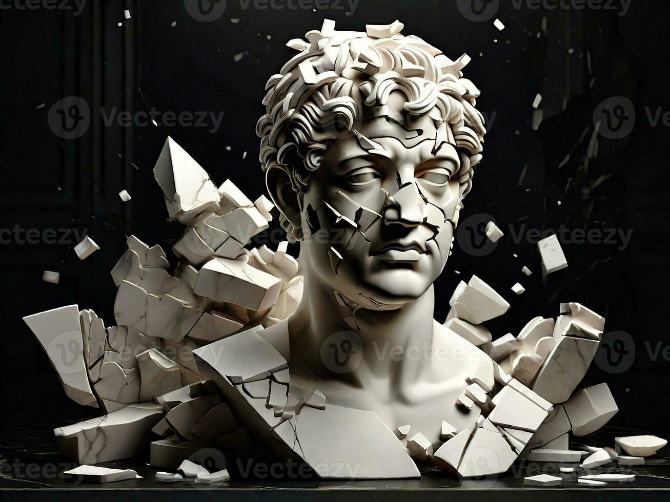un blanco mármol estatua busto con sus cabeza explotando dentro fragmentos, cubierto por un gris rectángulo, en contra un negro fondo, abstracto, ilustración, 3d representación - ai generativo foto