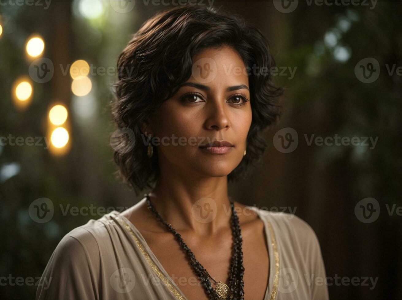 Old Latina woman with beige top and short hair - Ai Generative photo