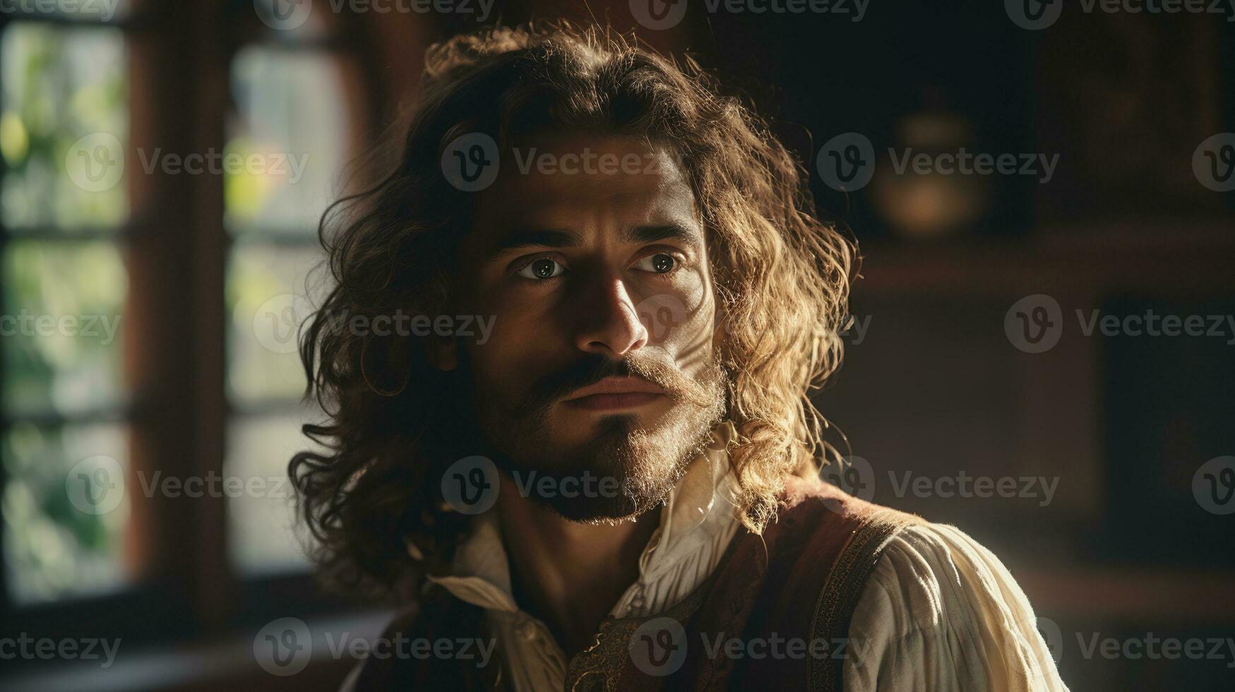 A young man with long curly hair, wearing a white shirt and a red vest, against a room with a window and wooden furniture - Ai Generative photo