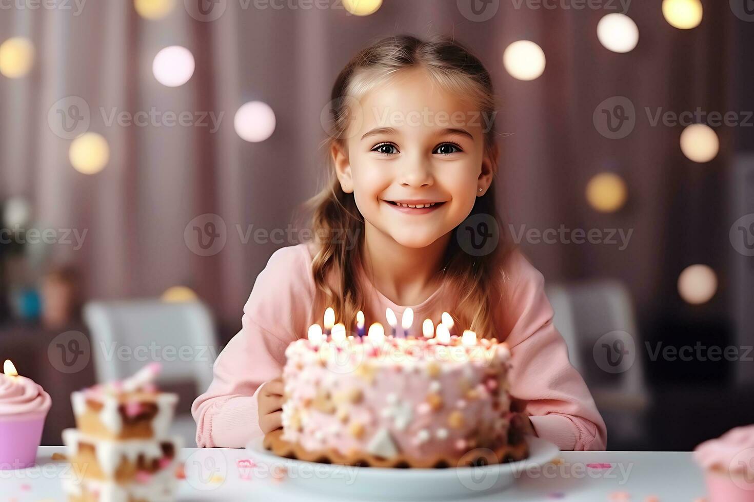 ai generativo. un niño niña en un rosado blusa es yendo a soplar fuera el velas en un cumpleaños pastel. el niña mira a el cámara y sonrisas foto