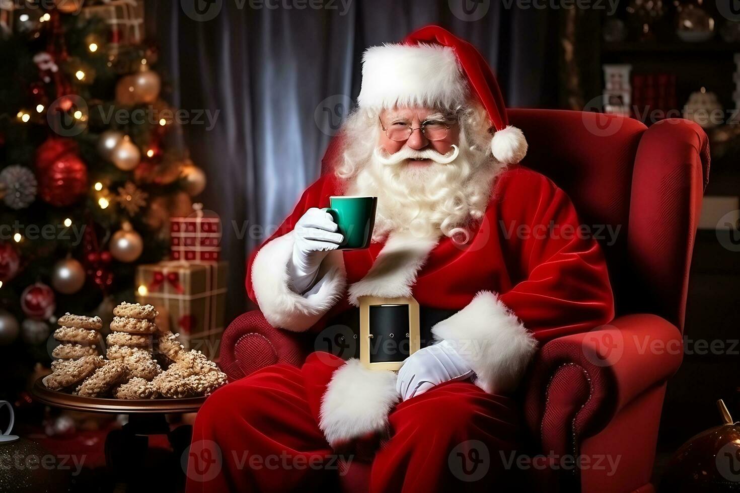 AI Generative. Happy Santa Claus sitting against the background of a Christmas tree with a cup of milk and a tray of cookies photo