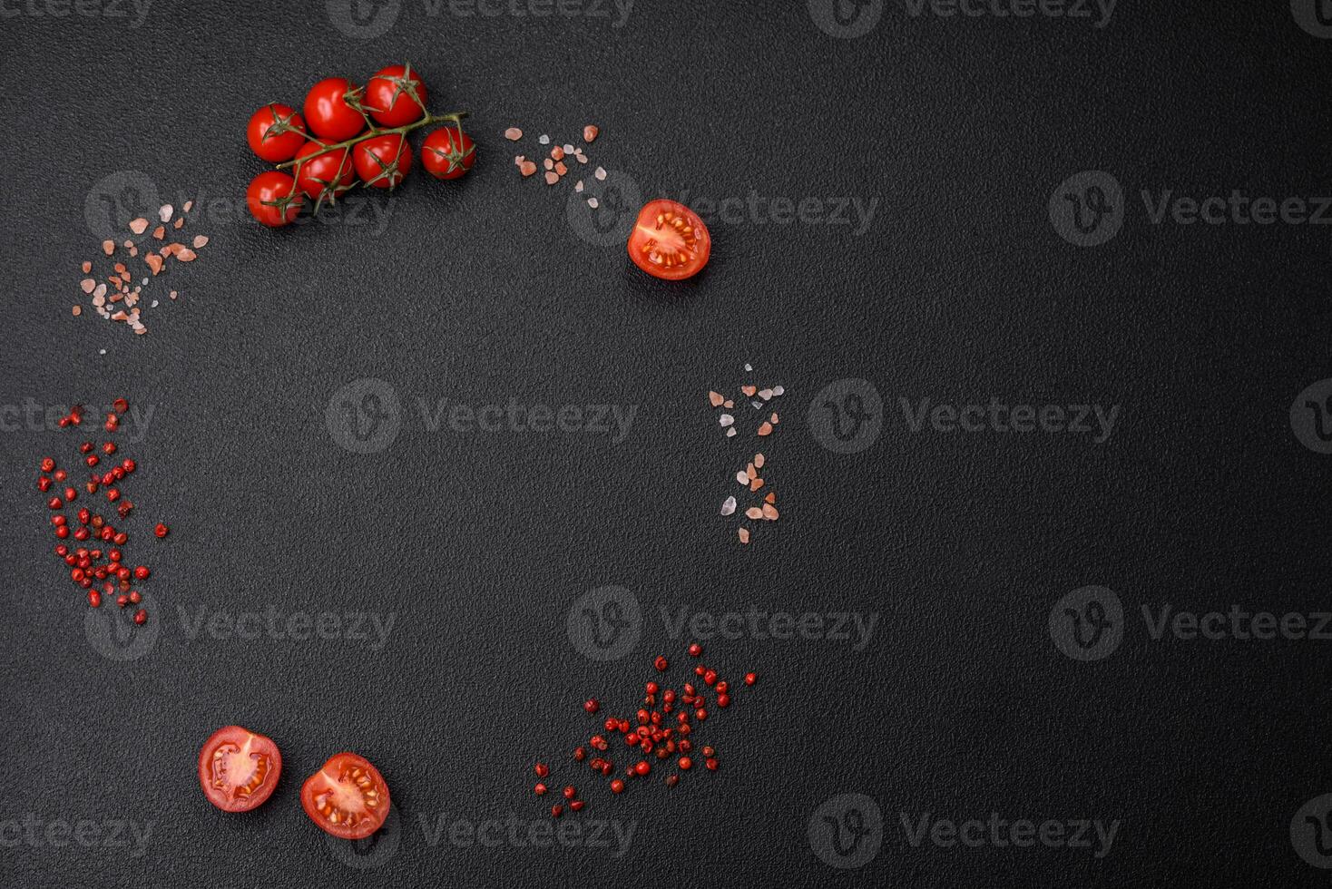 Ingredients for cooking cherry tomatoes, salt, spices and herbs photo