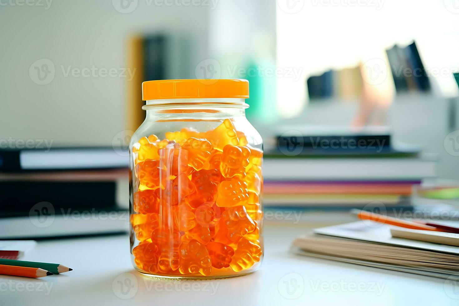 AI Generative. A jar of Gummy Vitamins is on the student's desk. The concept of taking vitamins to maintain child health while studying photo