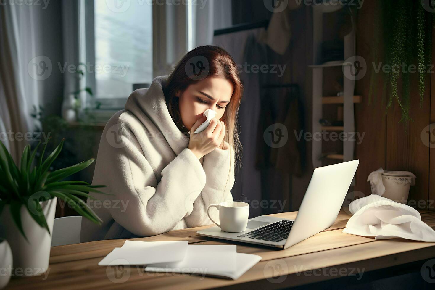 AI Generative. Remote work from home, sneeze and woman with a laptop, virus and illness with disease. Female person, freelancer and entrepreneur blowing her nose photo