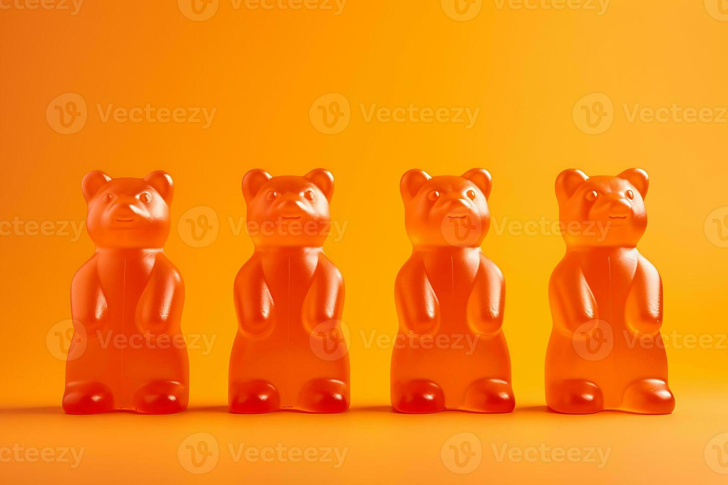 AI Generative. Orange flavored immune gummy bears for children are lined up on an orange background. Dietary supplement photo