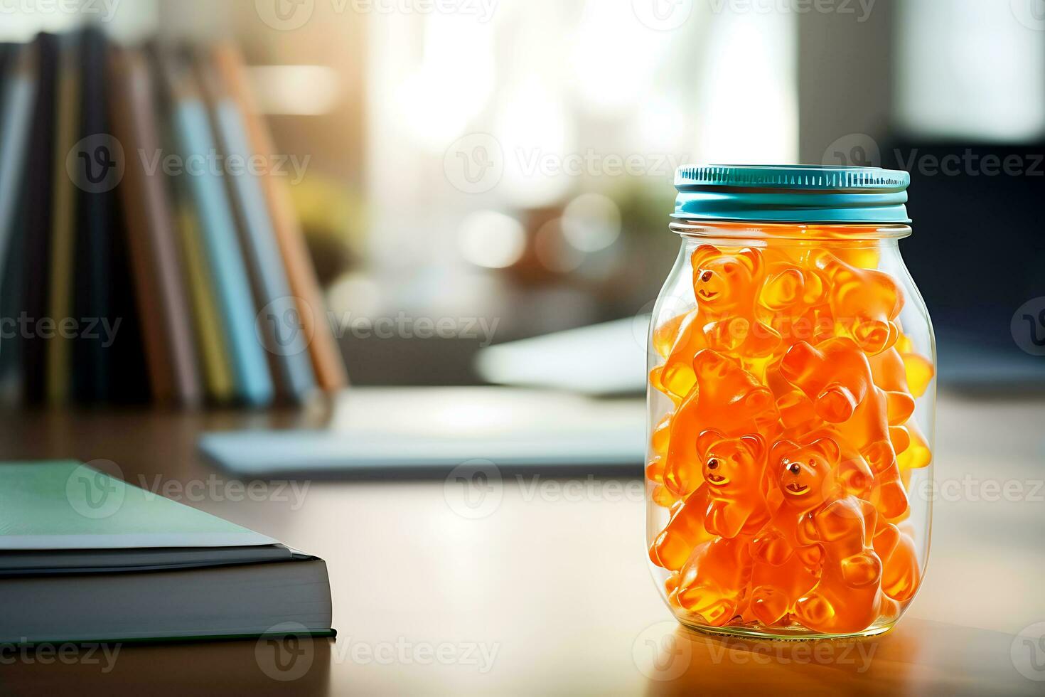 AI Generative. A jar of Gummy Vitamins is on the student's desk. The concept of taking vitamins to maintain child health while studying photo