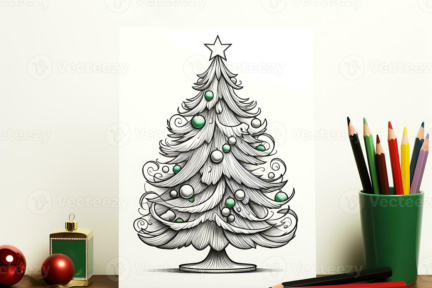 AI Generative. Colored pencils and coloring book with Christmas tree on the table photo