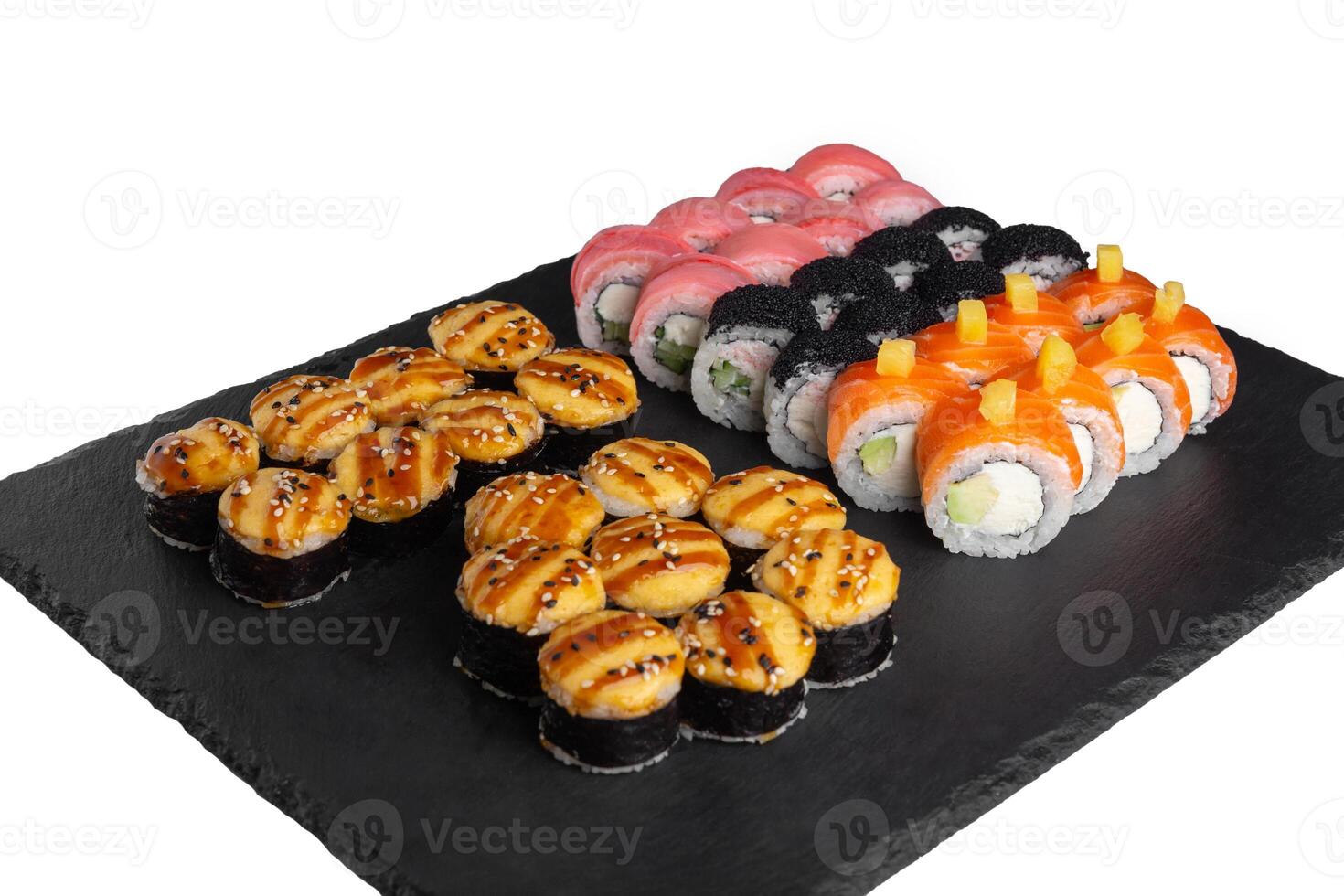 Sushi set with ginger and wasabi on a slate plate photo