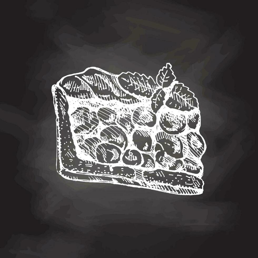 dibujado a mano bosquejo de pedazo de tradicional Cereza tarta con menta hojas en pizarra antecedentes. vector ilustración de horneando. postre comida para recetas, restaurante. comida para acción de gracias, Navidad