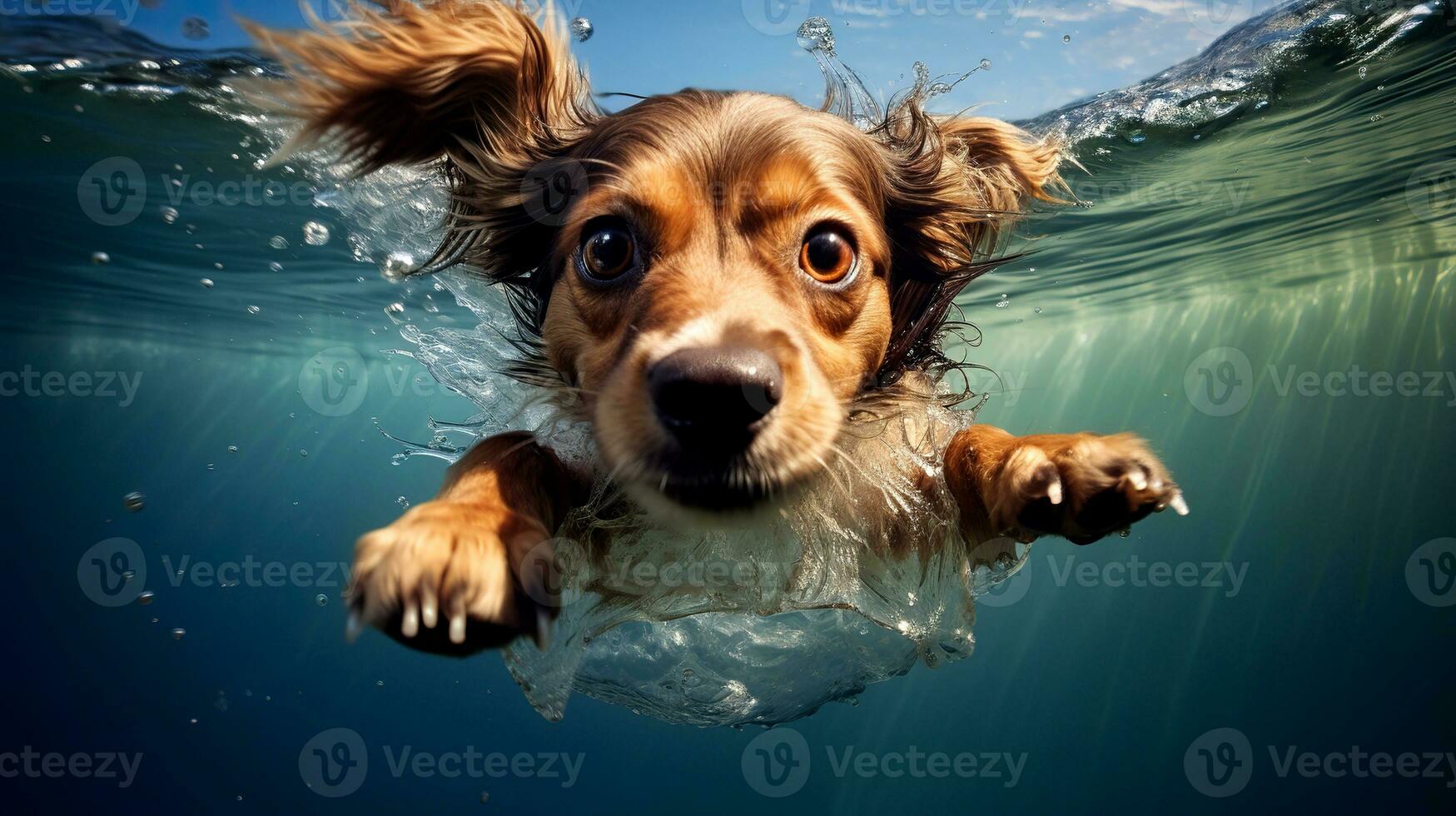 ai generado linda pequeño perro nadando en el mar. foto