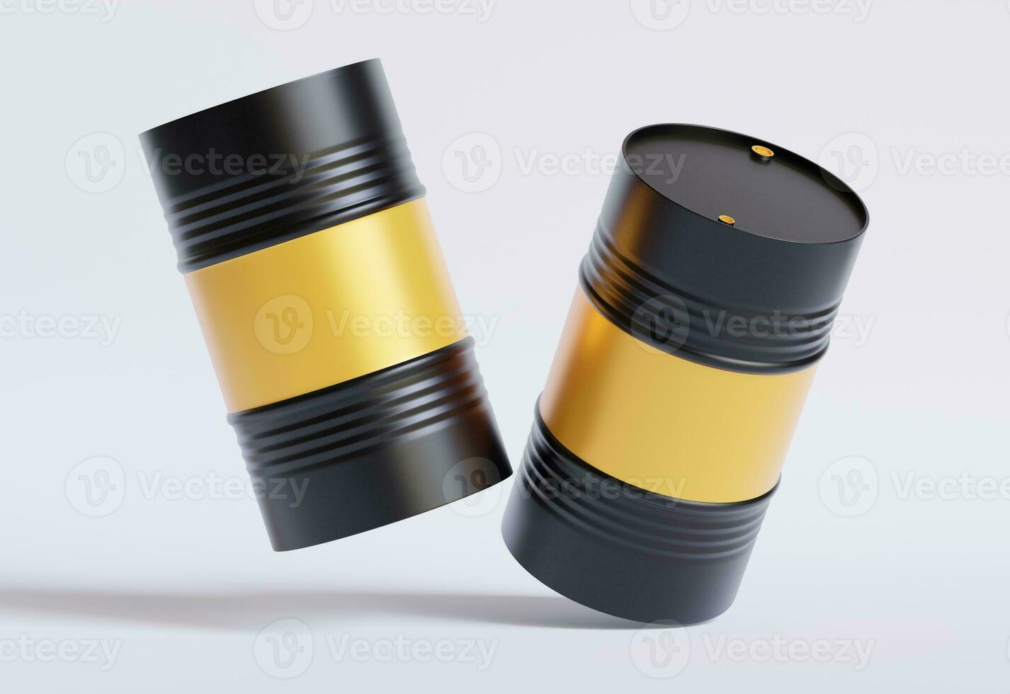 Drum Container oil industry. Gold and black barrels with oil drop label on spilled puddle of crude oil. Object of illustration isolated on white background photo