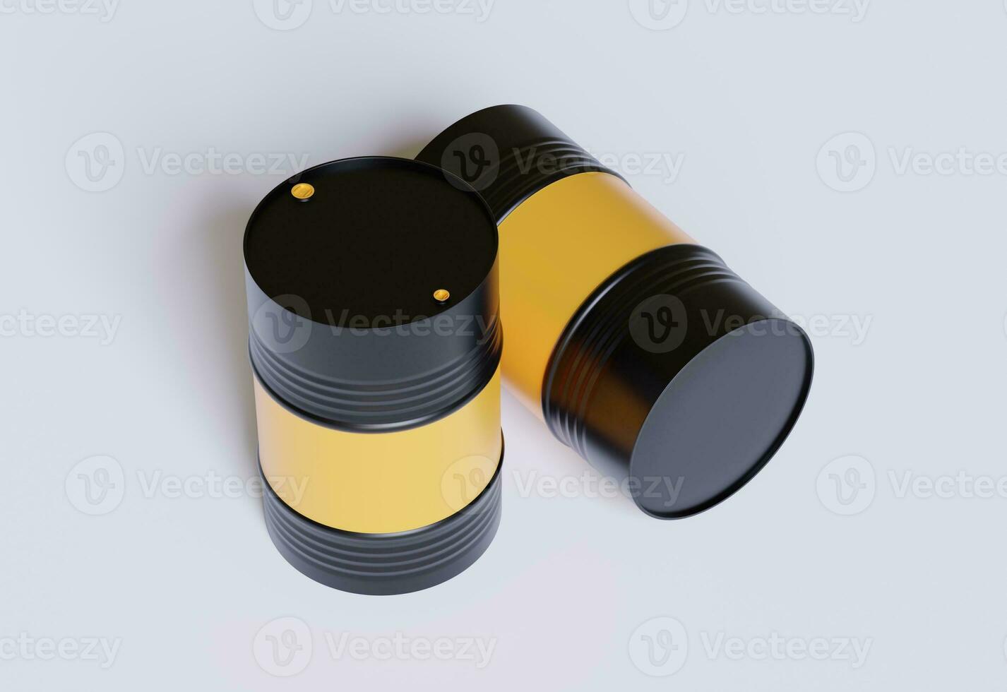 Drum Container oil industry. Gold and black barrels with oil drop label on spilled puddle of crude oil. Object of illustration isolated on white background photo