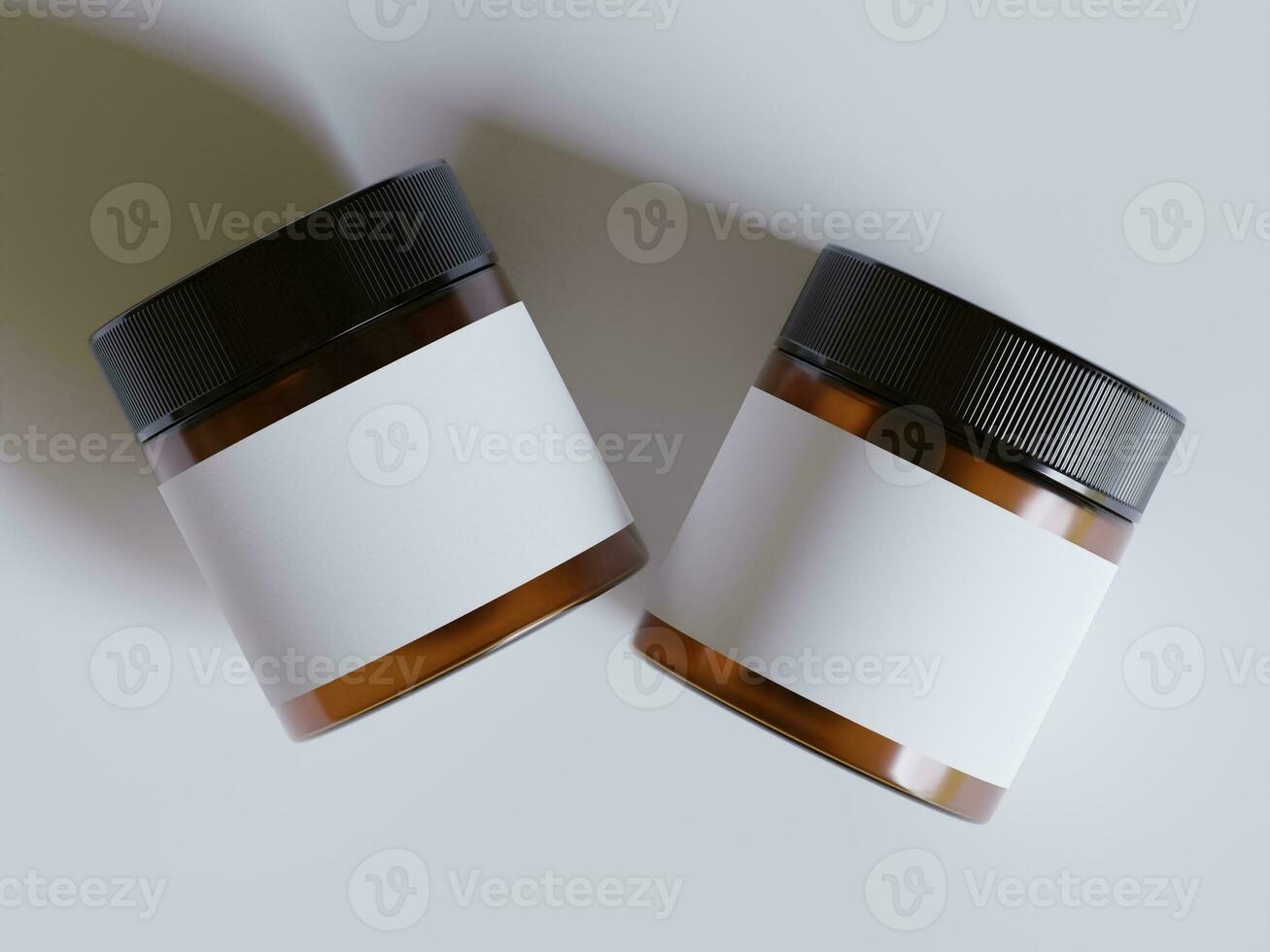 Amber Glass Cosmetic Jar with a realistic texture blank Label white color rendering 3D software illustration, brown jar color and black cap photo