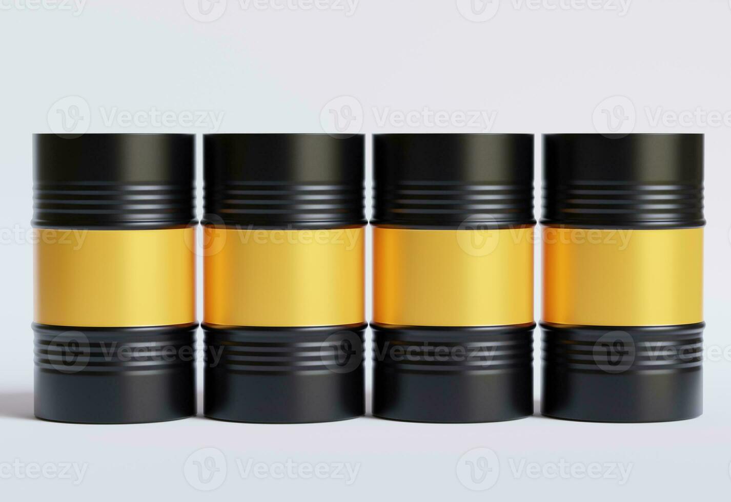 Drum Container oil industry. Gold and black barrels with oil drop label on spilled puddle of crude oil. Object of illustration isolated on white background photo