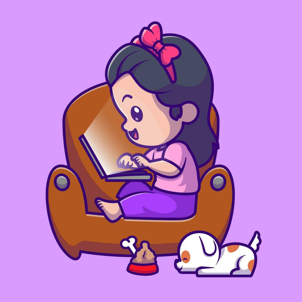 linda niña operando ordenador portátil con perrito dibujos animados vector icono ilustración. personas animal icono concepto aislado prima vector. plano dibujos animados estilo