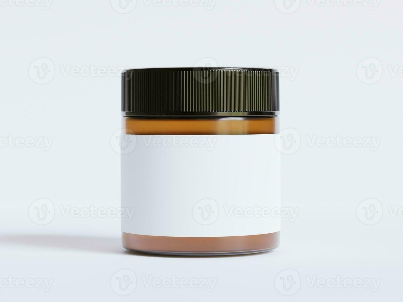 Amber Glass Cosmetic Jar with a realistic texture blank Label white color rendering 3D software illustration, brown jar color and black cap photo