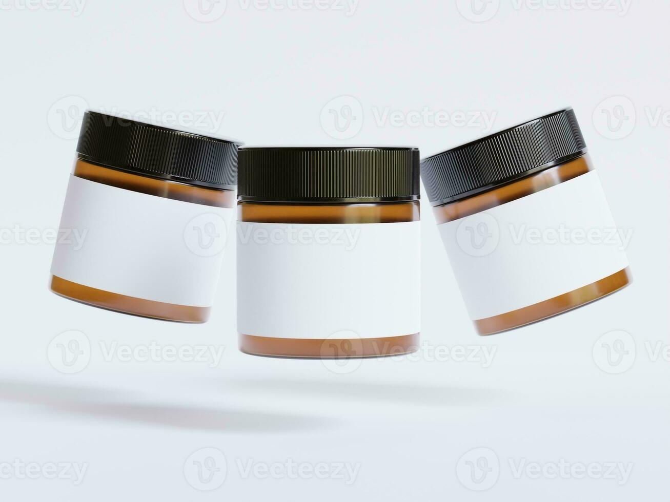 Amber Glass Cosmetic Jar with a realistic texture blank Label white color rendering 3D software illustration, brown jar color and black cap photo