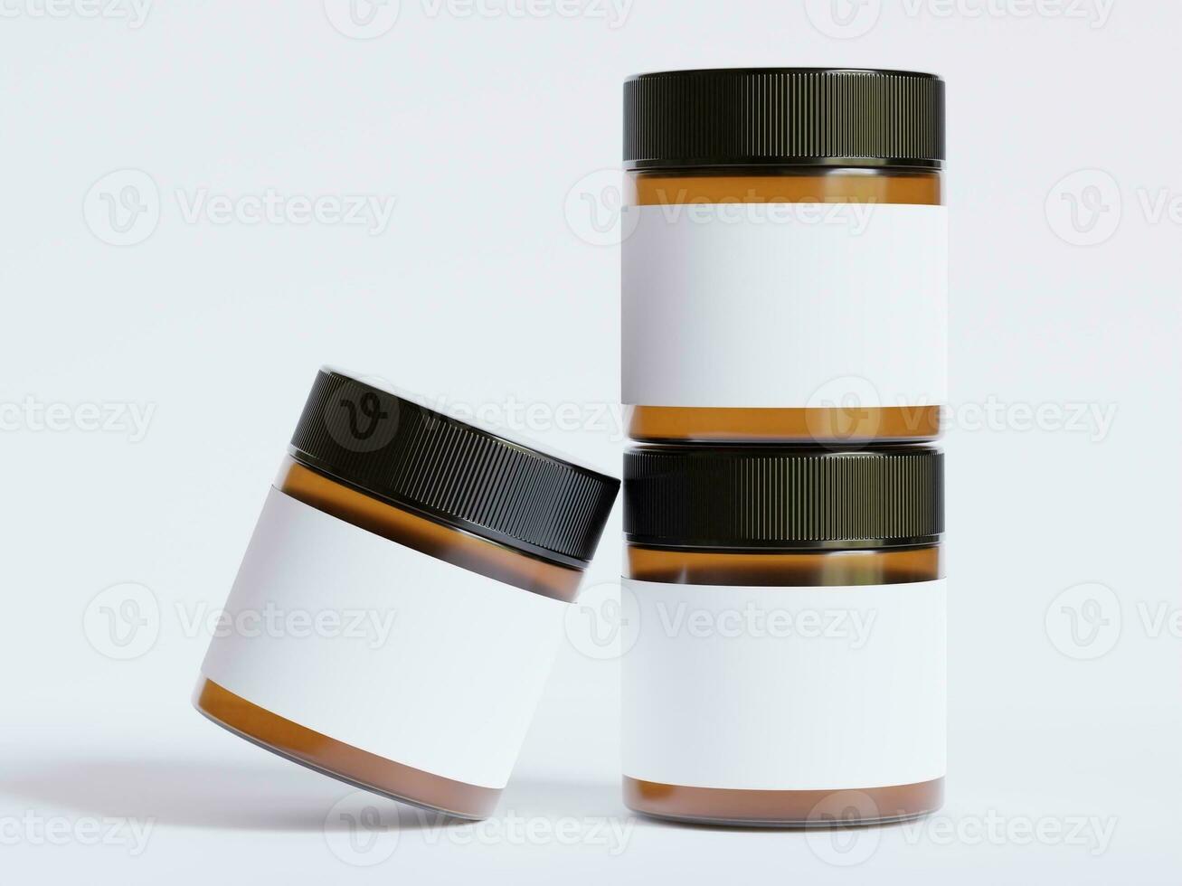 Amber Glass Cosmetic Jar with a realistic texture blank Label white color rendering 3D software illustration, brown jar color and black cap photo