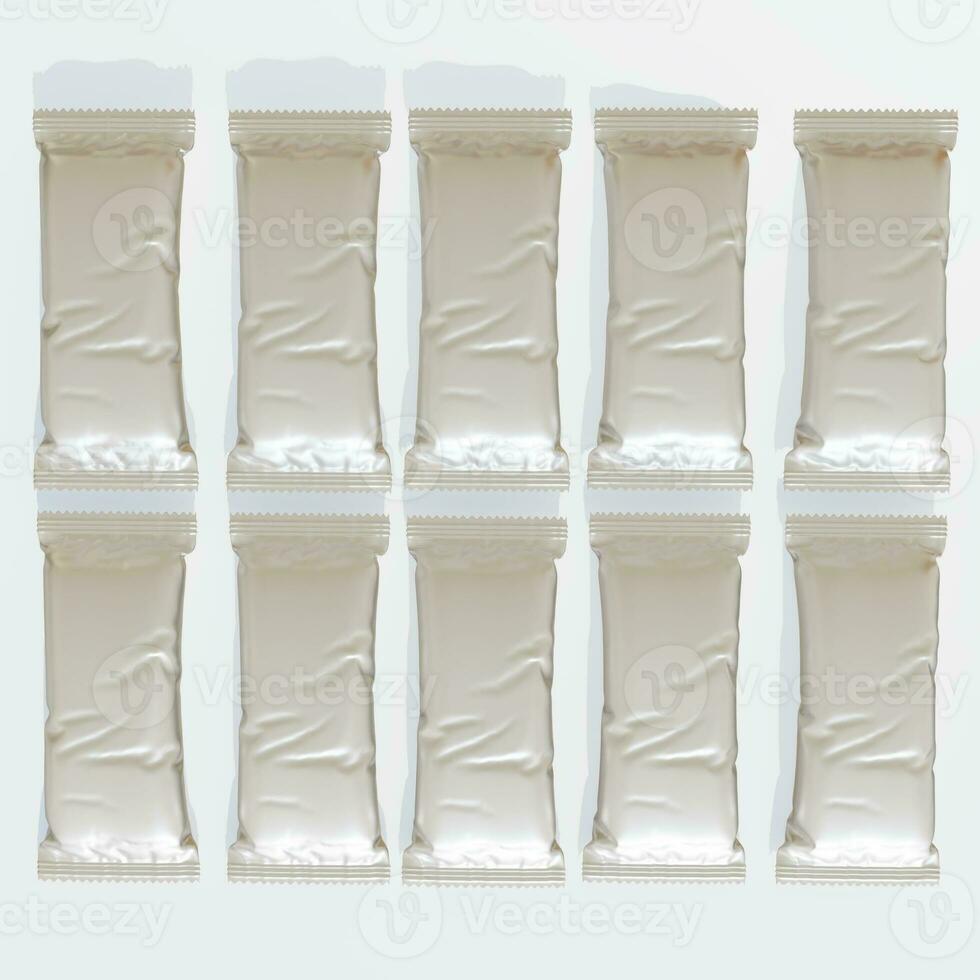 Protein bar packaging white color and realistic render with metalic or glossy texture photo