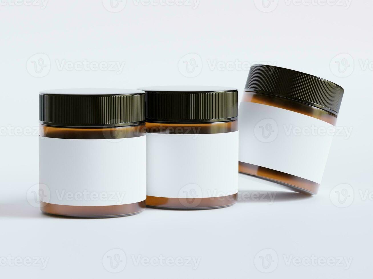 Amber Glass Cosmetic Jar with a realistic texture blank Label white color rendering 3D software illustration, brown jar color and black cap photo