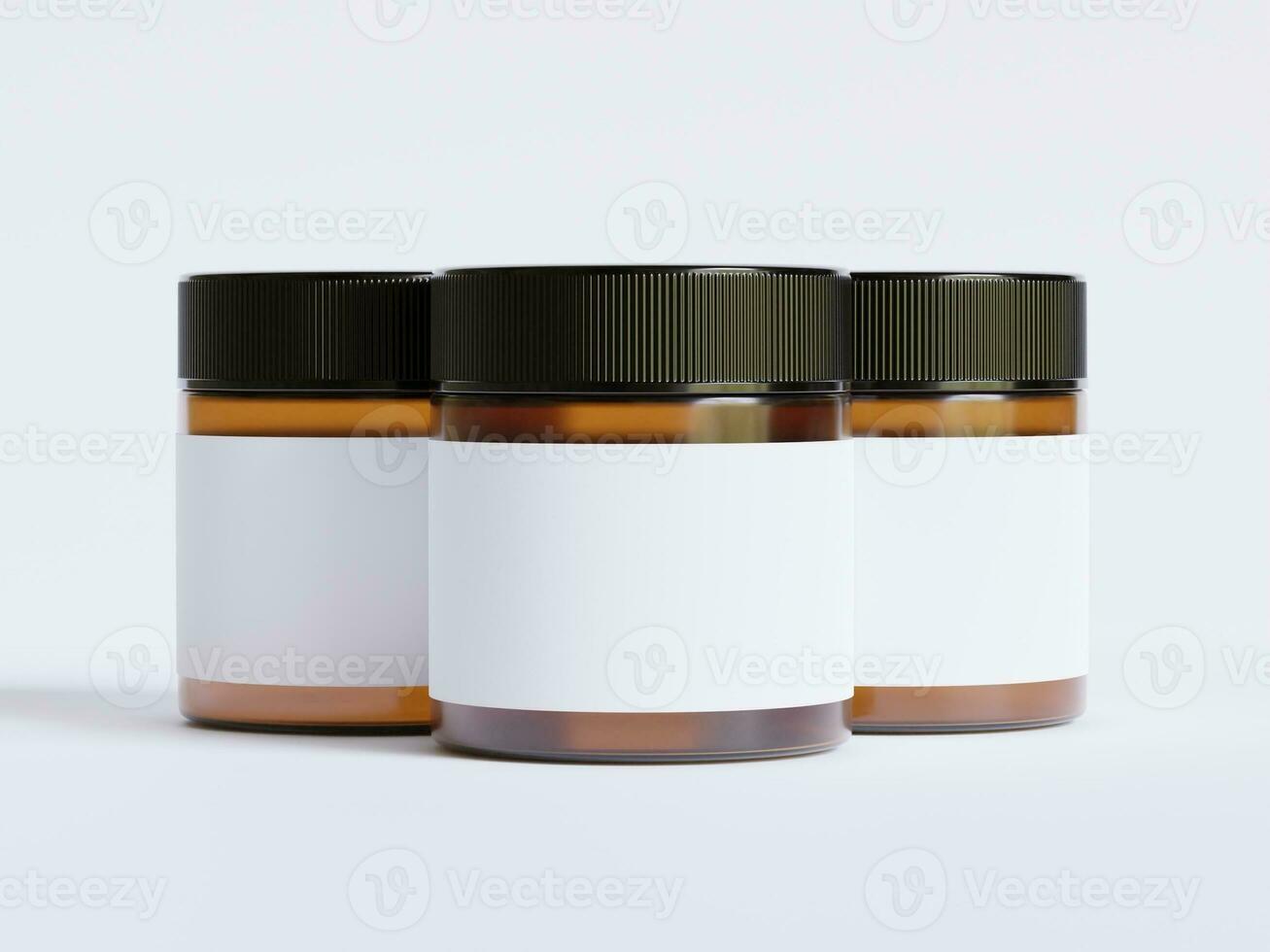 Amber Glass Cosmetic Jar with a realistic texture blank Label white color rendering 3D software illustration, brown jar color and black cap photo