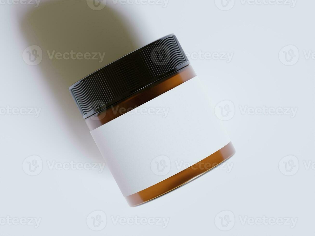 Amber Glass Cosmetic Jar with a realistic texture blank Label white color rendering 3D software illustration, brown jar color and black cap photo
