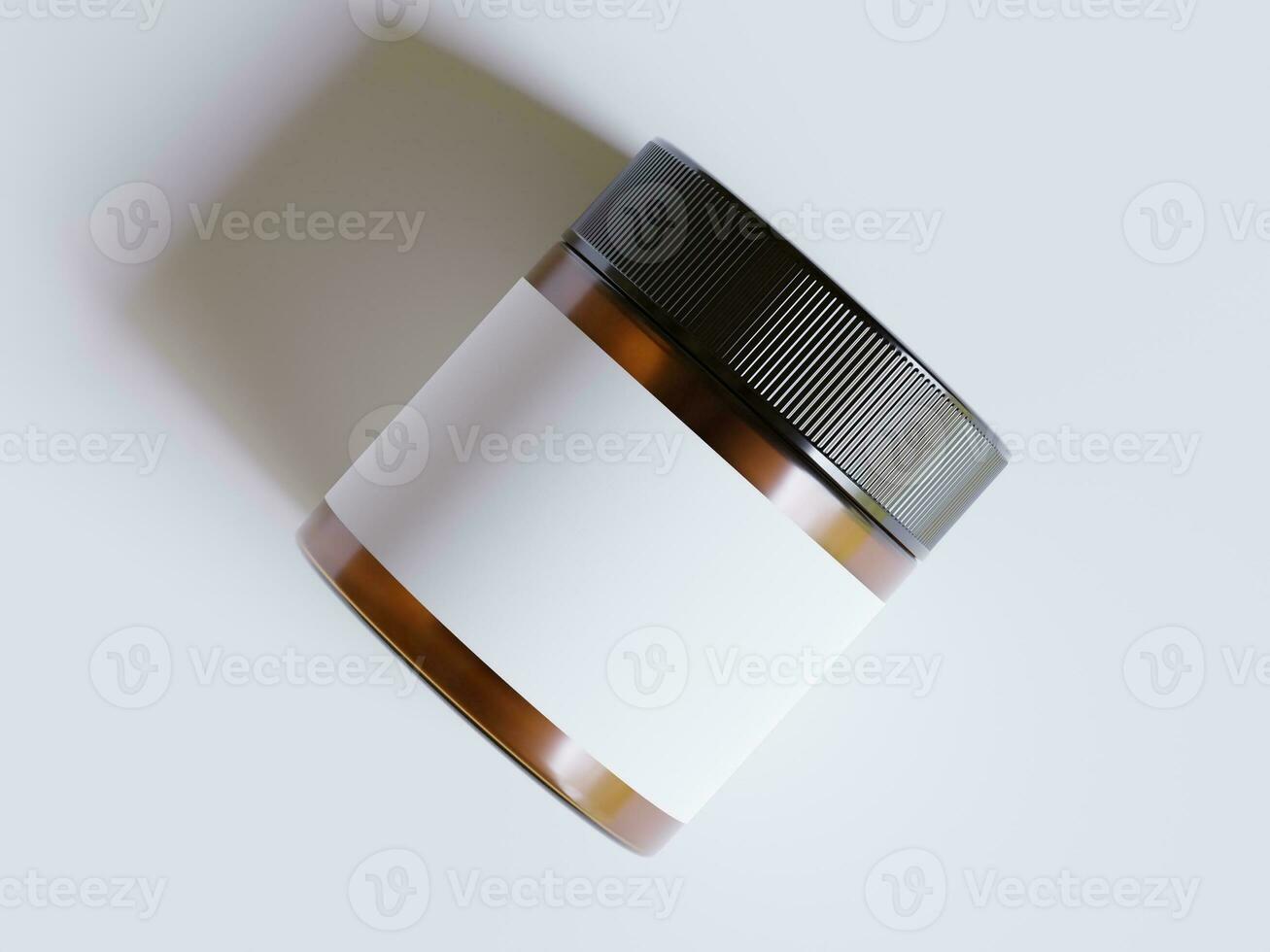 Amber Glass Cosmetic Jar with a realistic texture blank Label white color rendering 3D software illustration, brown jar color and black cap photo