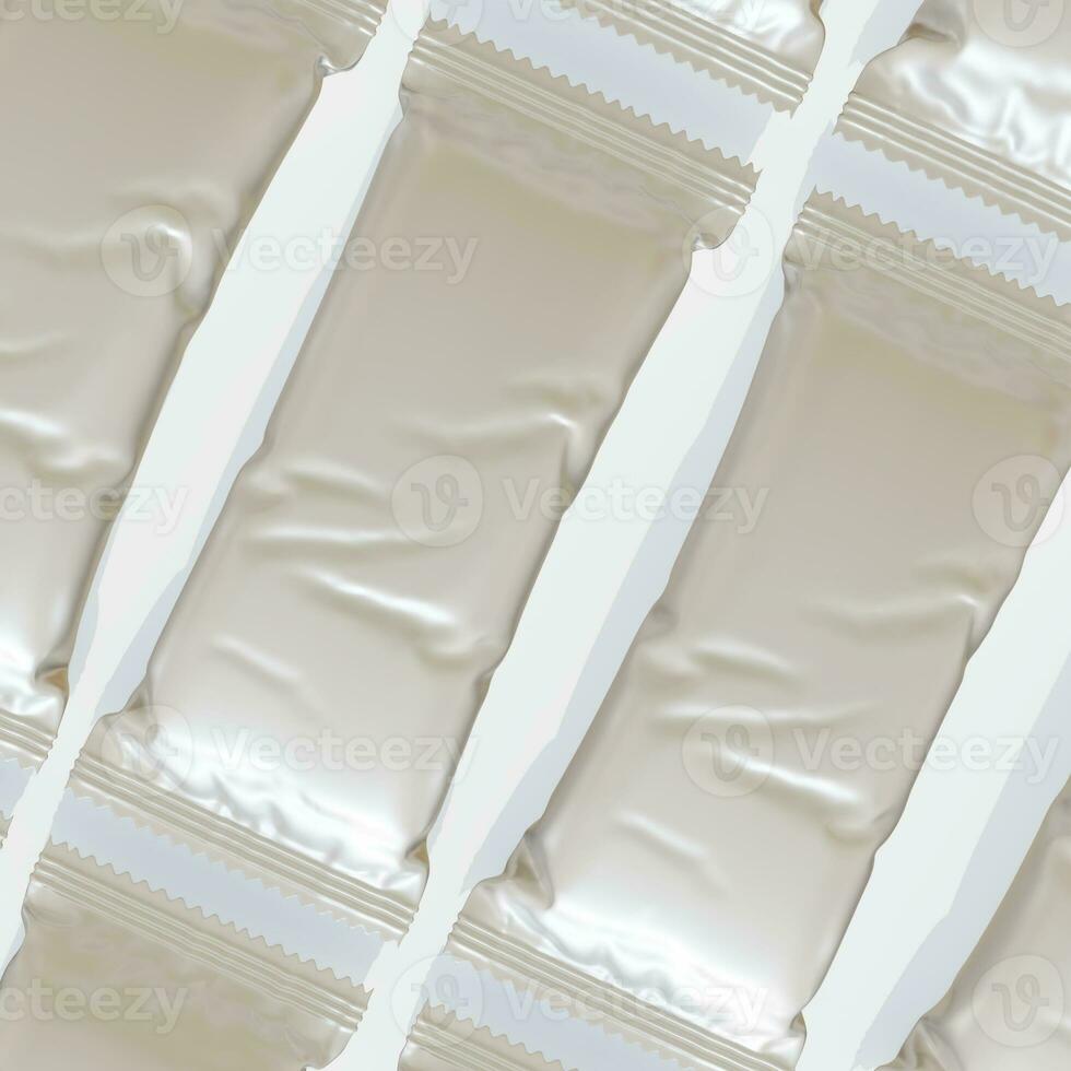 Protein bar packaging white color and realistic render with metalic or glossy texture photo