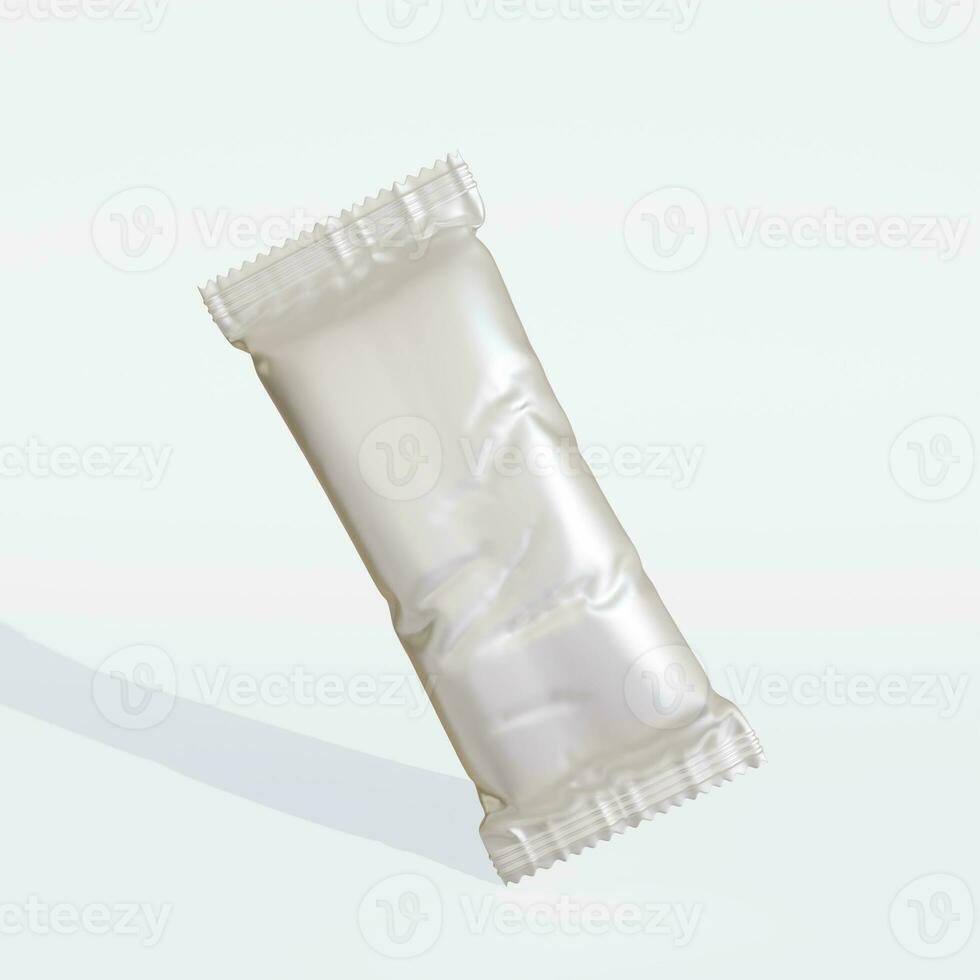 Protein bar packaging white color and realistic render with metalic or glossy texture photo