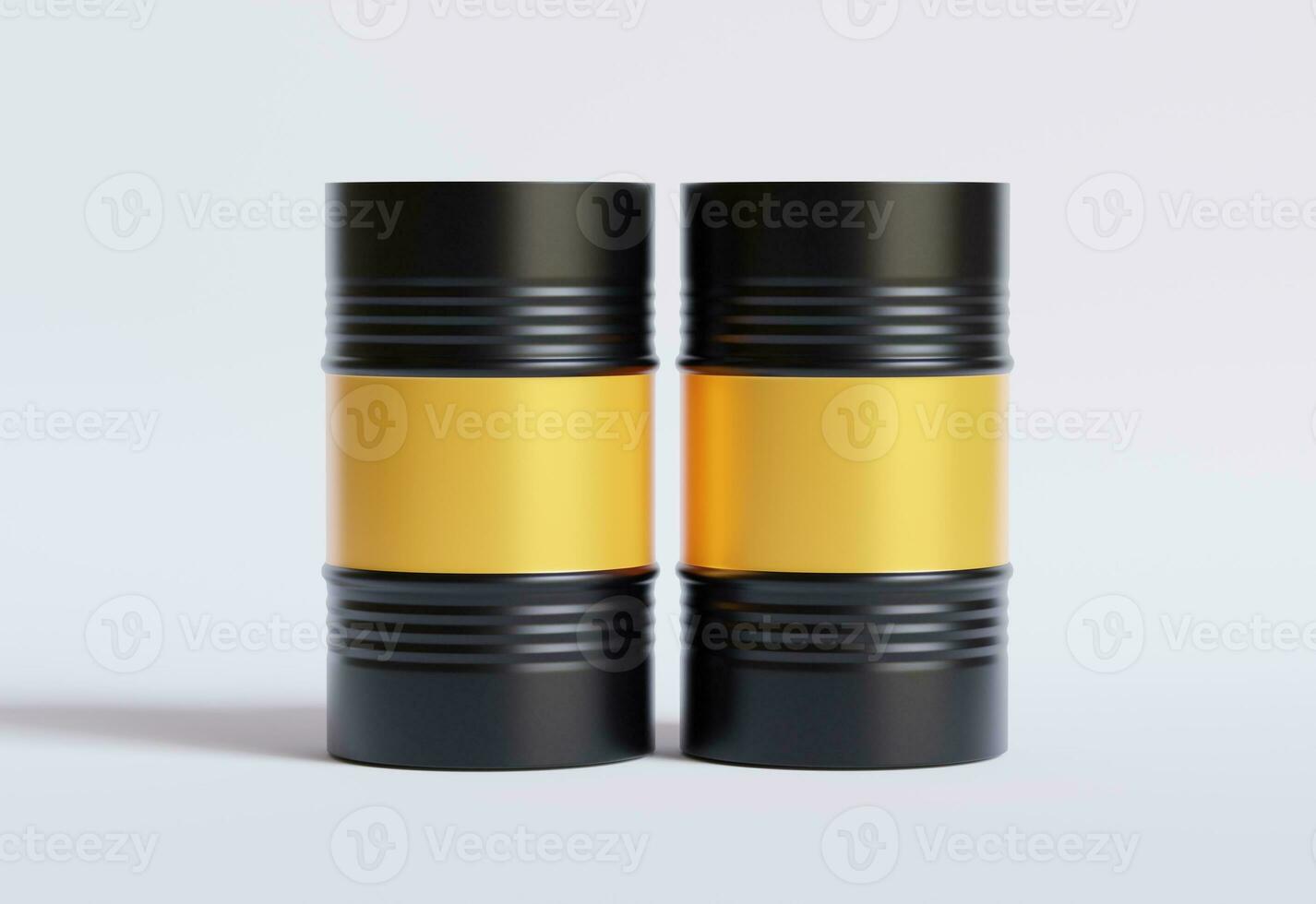Drum Container oil industry. Gold and black barrels with oil drop label on spilled puddle of crude oil. Object of illustration isolated on white background photo